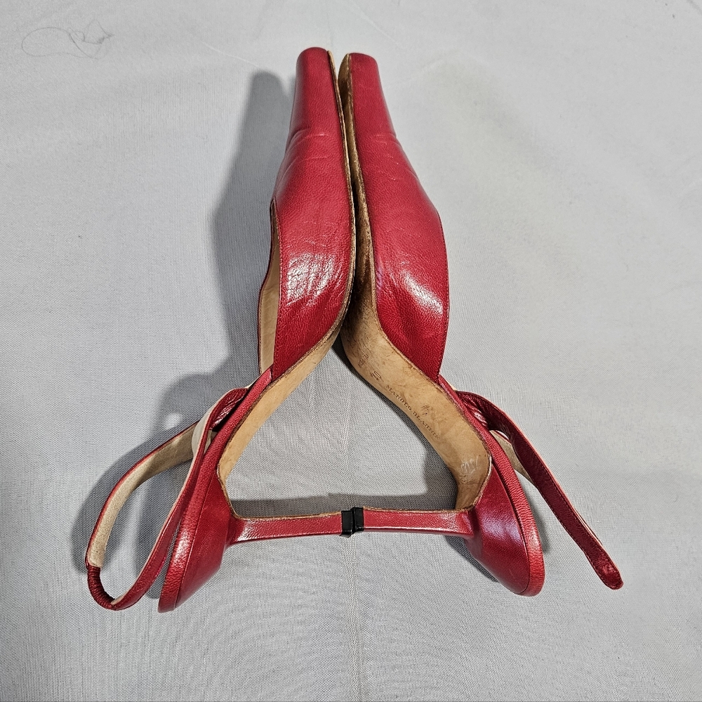 Manolo Blahnik VTG Carolyne Leather Red Sling Back Point Toe Kitten Heel 40/9.5 - Picture 7 of 10
